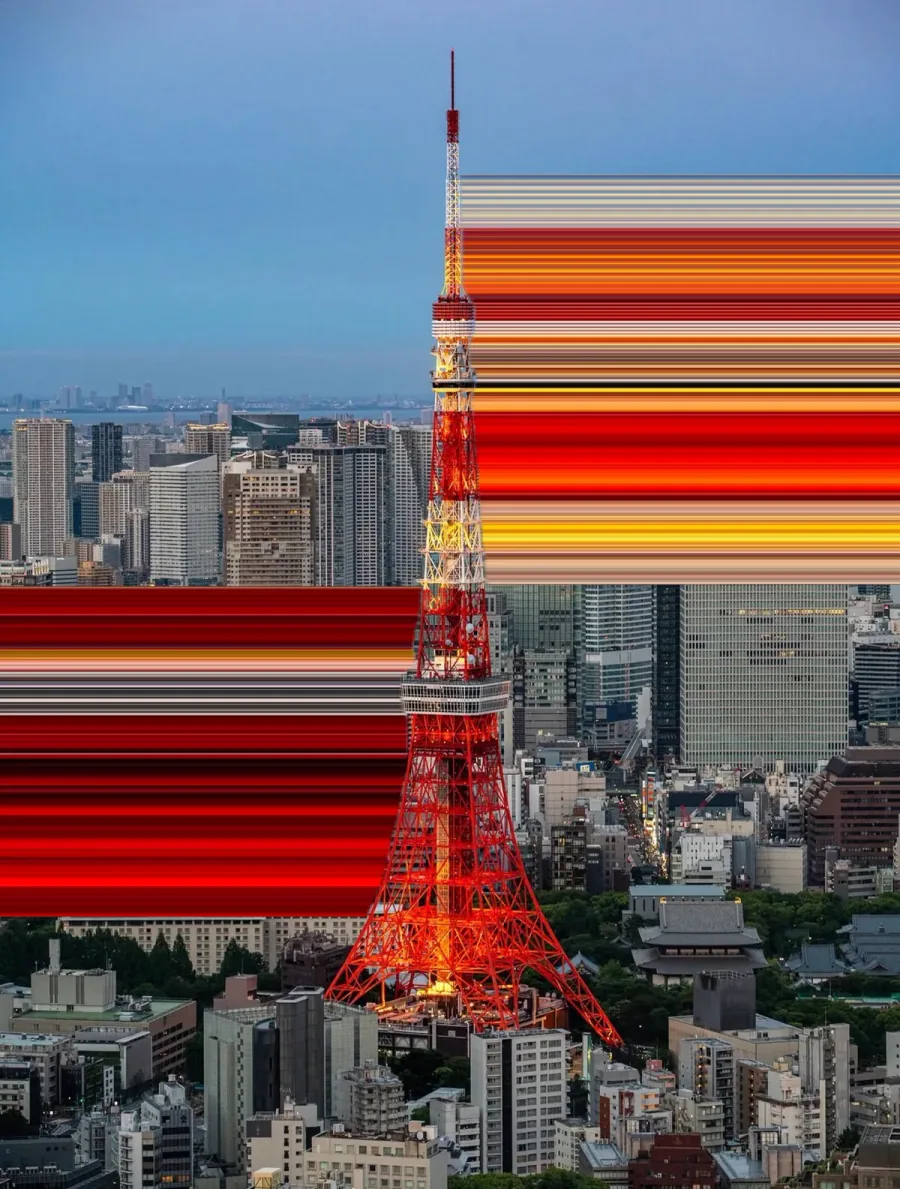 After: Tokyo Tower at night, with the lights of the tower stretched downward into vertical ribbons of colour.