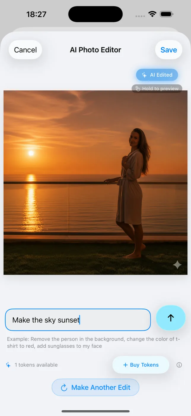 Editor foto AI Slean di iPhone yang menunjukkan kolom permintaan pengeditan teks.