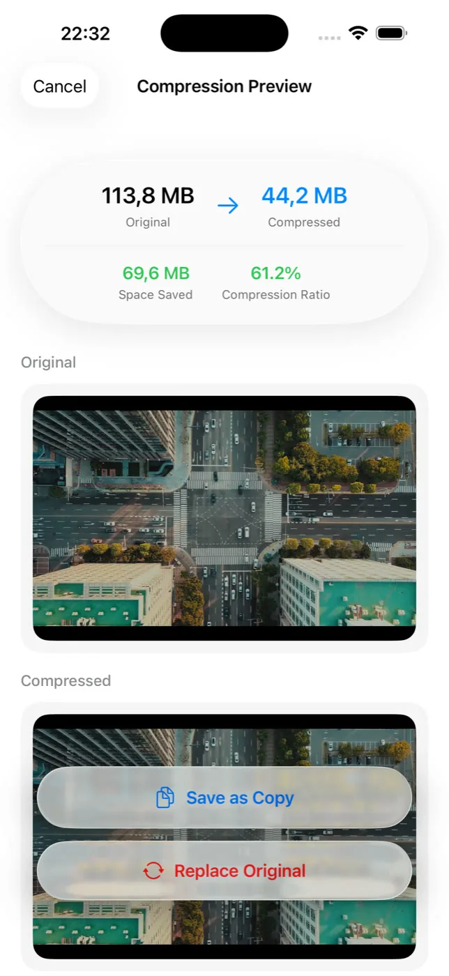 Layar kompresi Slean menunjukkan penggeser kualitas dan ukuran file sebelum dan sesudah kompresi.