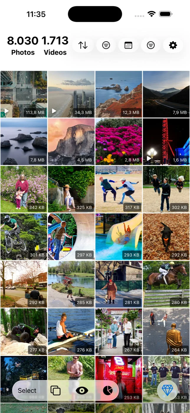 Slean's library grid on iPhone with the file size printed on every thumbnail.